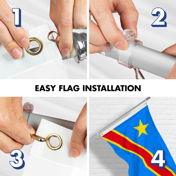 G128 Combo Pack: 6 Ft Tangle Free Spinning Flagpole (Silver) & Democratic Republic of the Congo Flag 3x5 Ft Printed 150D Polyester, Brass Grommets (Flag Included) Aluminum Flag Pole - Image 7