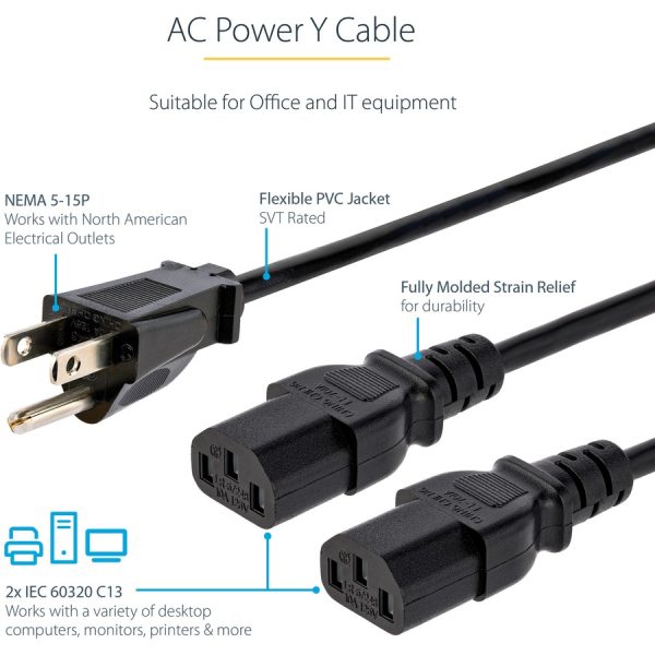 StarTech.com 10ft (3m) Computer Power Y Cord, NEMA 5-15P to C13, 10A 125V, 18AWG, Black Replacement PC Power Cord, TV/Monitor Power Cable - Image 10