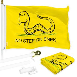 G128 Combo Pack: 6 Ft Tangle Free Spinning Flagpole (White) & No Step on Snek Cute Cartoon Flag 3x5 Ft Printed 150D Polyester, Brass Grommets (Flag Included) Aluminum Flag Pole