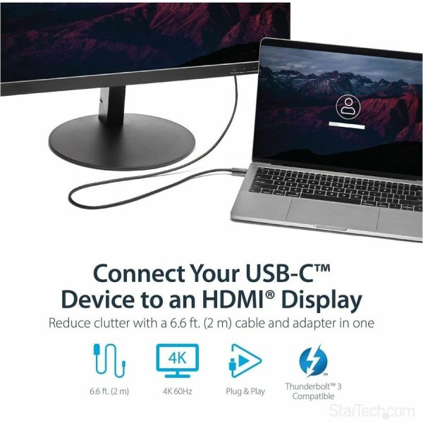 StarTech.com 6ft (2m) USB C to HDMI Cable - 4K 60Hz USB Type C DP Alt Mode to HDMI 2.0 Video Display Adapter Cable - Works w/Thunderbolt 3 - Image 2