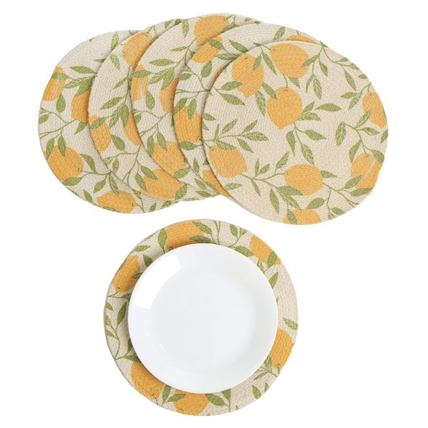 The Fine Living Co. Lemon Printed Braided Cotton Placemats (Set of 6 13.5 Inches) Washable Anti Slip Heat Resistant Mats Boho Woven Round Table Mats for House Decor Kitchen and Dining