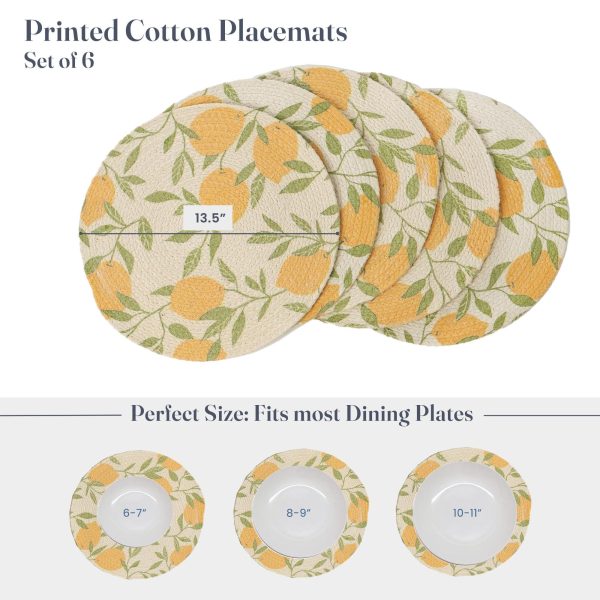 The Fine Living Co. Lemon Printed Braided Cotton Placemats (Set of 6 13.5 Inches) Washable Anti Slip Heat Resistant Mats Boho Woven Round Table Mats for House Decor Kitchen and Dining - Image 2