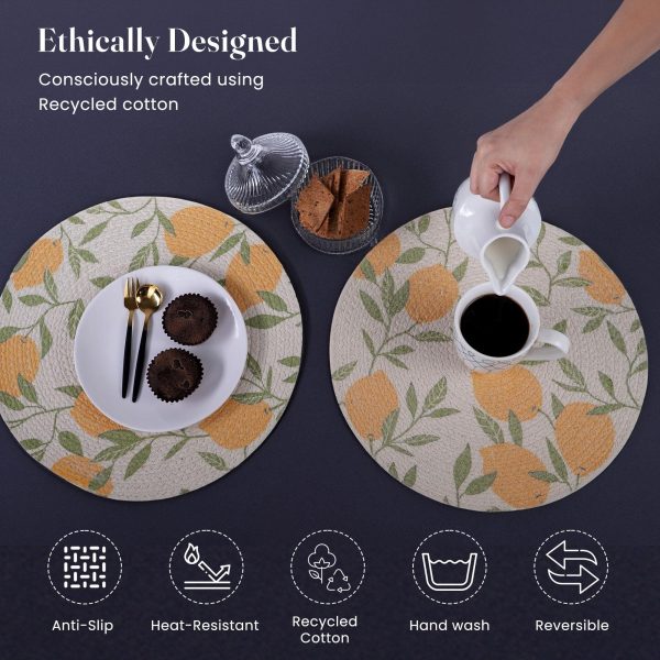 The Fine Living Co. Lemon Printed Braided Cotton Placemats (Set of 6 13.5 Inches) Washable Anti Slip Heat Resistant Mats Boho Woven Round Table Mats for House Decor Kitchen and Dining - Image 4