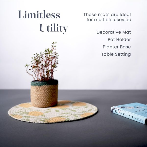 The Fine Living Co. Lemon Printed Braided Cotton Placemats (Set of 6 13.5 Inches) Washable Anti Slip Heat Resistant Mats Boho Woven Round Table Mats for House Decor Kitchen and Dining - Image 5