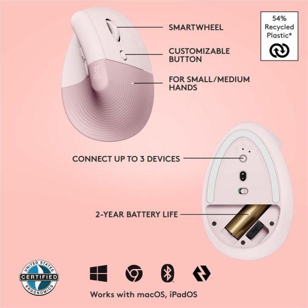 Logitech Lift Vertical Ergonomic Mouse, Wireless, Bluetooth or Logi Bolt USB receiver, Quiet clicks, 4 buttons, Rose - Image 6