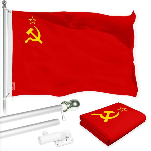G128 Combo Pack: 6 Ft Tangle Free Aluminum Spinning Flagpole (Silver) & Union of Soviet Socialist Republics USSR Flag 3x5 Ft, LiteWeave Pro Series Printed 150D Polyester | Pole with Flag Included