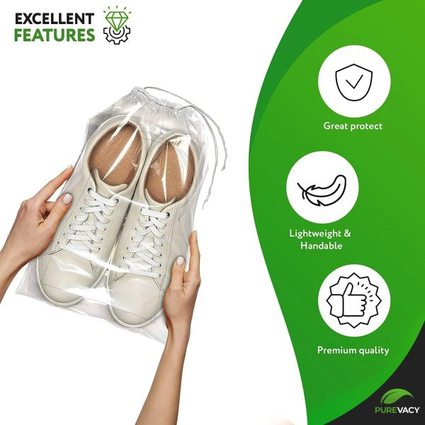 PUREVACY Clear Drawstring Bags 8  x 10  Pack of 100 Travel Shoe Bags for Packing Shipping Storage 2 mil Waterproof Clear Plastic Bag with Double Cotton Drawstrings Odorless Shoe Dust Bags - Image 4