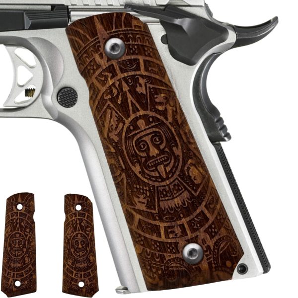 Aztec Calendar Design 1911 Wooden Pistol Grips Ambi Safety Cut for 1911 Full Size (Amber)