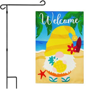 G128 Combo Pack: Garden Flag Stand Black 36 in x 16 in & Garden Flag Summer Decoration Welcome Gnome at Beach with Pineapple 12"x18" Double-Sided Blockout Fabric