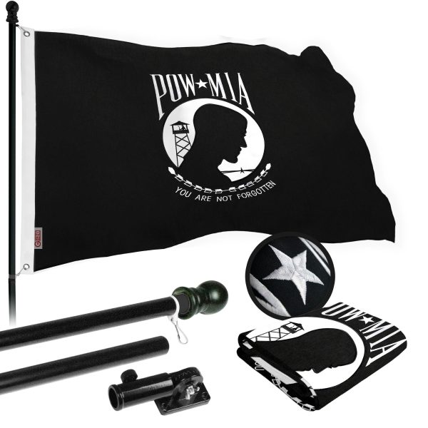 G128 Flag Pole 6 FT Black Tangle Free & POW MIA Flag Emb 3x5 FT Combo Embroidered Spun Polyester