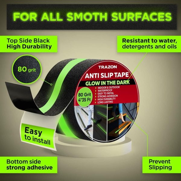 Grip Tape Glow in Dark Stripe   Heavy Duty Anti Slip Tape for Stairs Outdoor Indoor Waterproof 2 Inch x 35 Feet Non Skid Roll Stair Steps Traction Tread Staircases Grips Adhesive Nonslip Slip Strips - Image 2