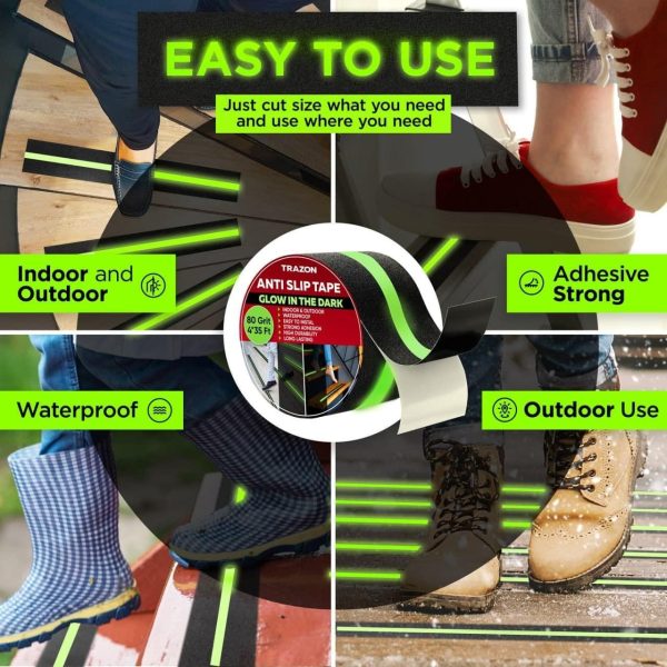 Grip Tape Glow in Dark Stripe   Heavy Duty Anti Slip Tape for Stairs Outdoor Indoor Waterproof 2 Inch x 35 Feet Non Skid Roll Stair Steps Traction Tread Staircases Grips Adhesive Nonslip Slip Strips - Image 3