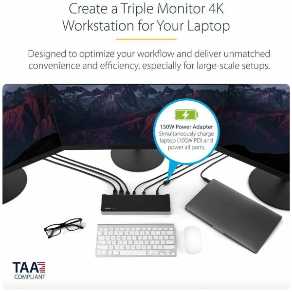 StarTech.com 4K USB-C Dock, Triple UHD 4K Monitor Docking Station, Mac & Windows, HDMI & DisplayPort, 100W PD, 5x USB 5Gbps Hub, TAA - Image 2