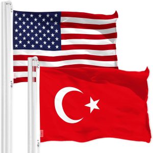 G128 Combo Pack: American USA Flag 3x5 Ft & Turkey Flag 3x5 Ft, Both Printed 150D Polyester, Indoor/Outdoor, Brass Grommets