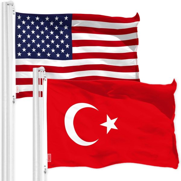 G128 Combo Pack: American USA Flag 3x5 Ft & Turkey Flag 3x5 Ft, Both Printed 150D Polyester, Indoor/Outdoor, Brass Grommets