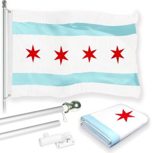 G128 Combo Pack: 6 Feet Tangle Free Spinning Flagpole (White) Chicago City Flag 3x5 ft Printed 150D Brass Grommets (Flag Included) Aluminum Flag Pole