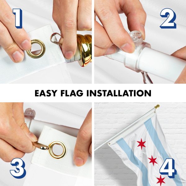 G128 Combo Pack: 6 Feet Tangle Free Spinning Flagpole (White) Chicago City Flag 3x5 ft Printed 150D Brass Grommets (Flag Included) Aluminum Flag Pole - Image 7