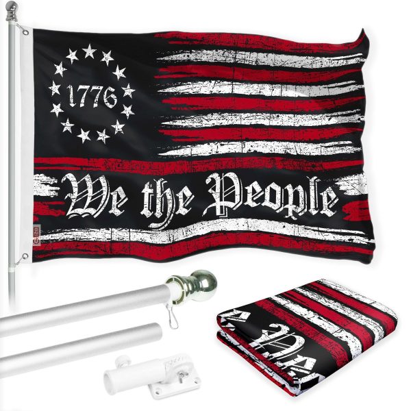 G128 Combo Pack: 6 Ft Tangle Free Aluminum Spinning Flagpole (Silver) & We the People American Flag 3x5 Ft, LiteWeave Pro Series Printed 150D Polyester | Pole with Flag Included