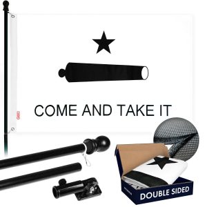 G128 Combo Pack: Flag Pole 5 FT Black Tangle Free & Come and Take It Flag 2x3 FT Double Sided Embroidered 210D Heavy Duty Polyester - Indoor/Outdoor, Vibrant Colors, Brass Grommets, 3-ply