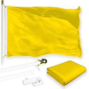 G128 Combo Pack: 5 Ft Tangle Free Aluminum Spinning Flagpole (White) & Solid Yellow Color Flag 2.5x4 Ft, LiteWeave Pro Series Printed 150D Polyester | Pole with Flag Included