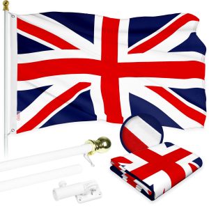 G128 Combo Pack: 6 Ft Tangle Free Aluminum Spinning Flagpole (White) & United Kingdom UK Flag 3x5 Ft, ToughWeave Series Embroidered 300D Polyester | Pole with Flag Included
