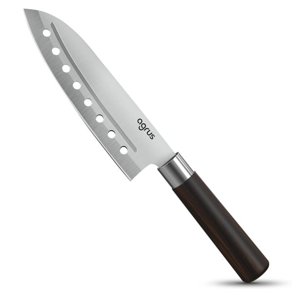 Santoku Knife   Santoku Chef Knife with Plastic Grip   7 Inch Japanese Santoku Knife   Versatile Knife for Chopping Slicing Mincing   Steel Blade with Holes   Cuts Meat Fish Vegetables