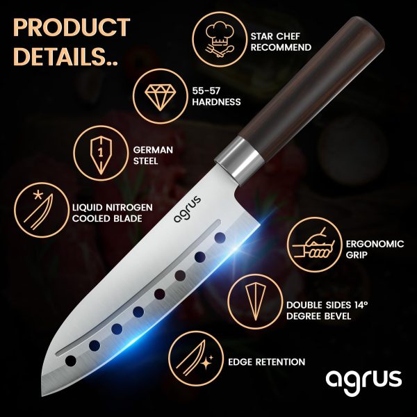 Santoku Knife   Santoku Chef Knife with Plastic Grip   7 Inch Japanese Santoku Knife   Versatile Knife for Chopping Slicing Mincing   Steel Blade with Holes   Cuts Meat Fish Vegetables - Image 2
