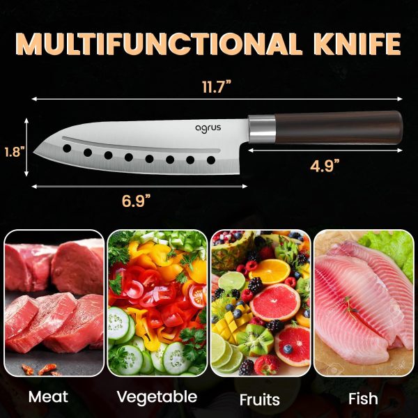 Santoku Knife   Santoku Chef Knife with Plastic Grip   7 Inch Japanese Santoku Knife   Versatile Knife for Chopping Slicing Mincing   Steel Blade with Holes   Cuts Meat Fish Vegetables - Image 6