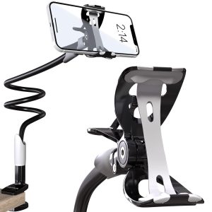 Cell Phone Holder for Bed Gooseneck Bedside Phone Holder Laying Down with Adjustable 360 Clamp Clip and Flexible Long Arm Phone Holder for Desk Stand and Mount Compatible with iPhone 14 Pro Max