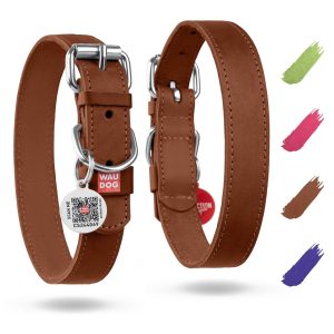 WAUDOG Long Lasting Leather Dog Collar for Large Dogs Medium & Small Dogs   Adjustable Classic Puppy Collars for Large Breed Dogs   Boy & Girl Dog Collars with Durable Buckle D Ring & QR Dog Tag