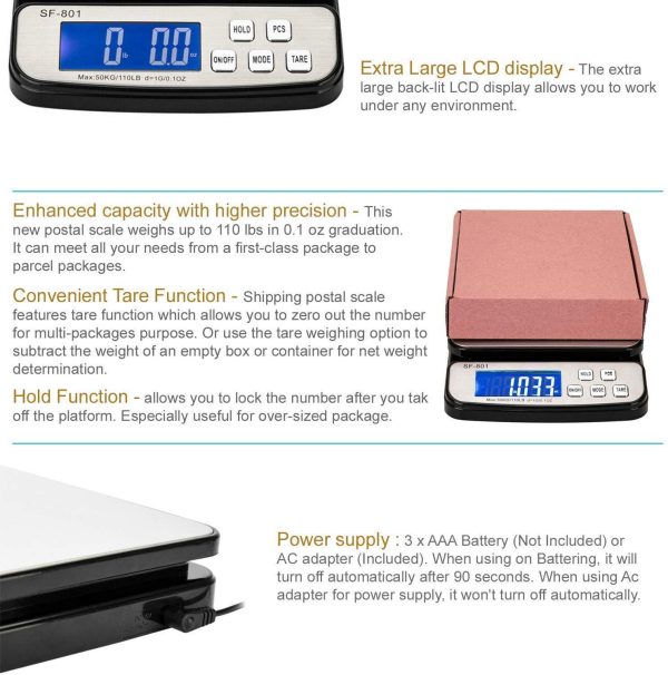 Shipping Scale for Packages 110 LB (50 KG) –  Package Scale Postal Scale for Shipping Packages with Stainless Steel Platform Tare Hold Counting Function USB Cord and AC DC Adapter - Image 5