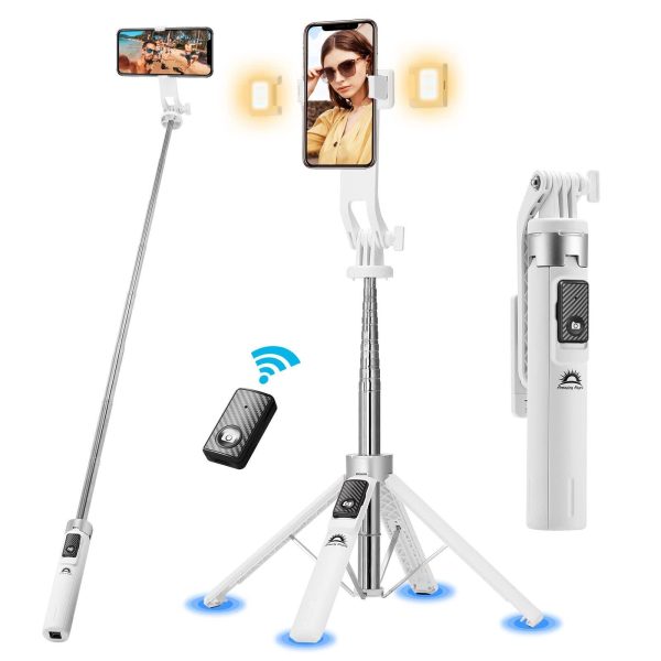 Selfie Stick Tripod with Remote and 2 Fill Light    Phone Tripod Compact 50'' Cell Phone Stand New Travel Wireless Bluetooth Selfie Stick Compatible with iPhone & Smartphones (White)