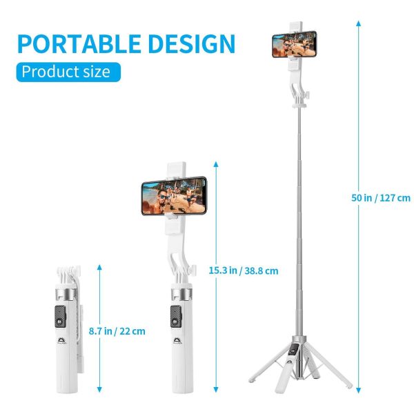 Selfie Stick Tripod with Remote and 2 Fill Light    Phone Tripod Compact 50'' Cell Phone Stand New Travel Wireless Bluetooth Selfie Stick Compatible with iPhone & Smartphones (White) - Image 4