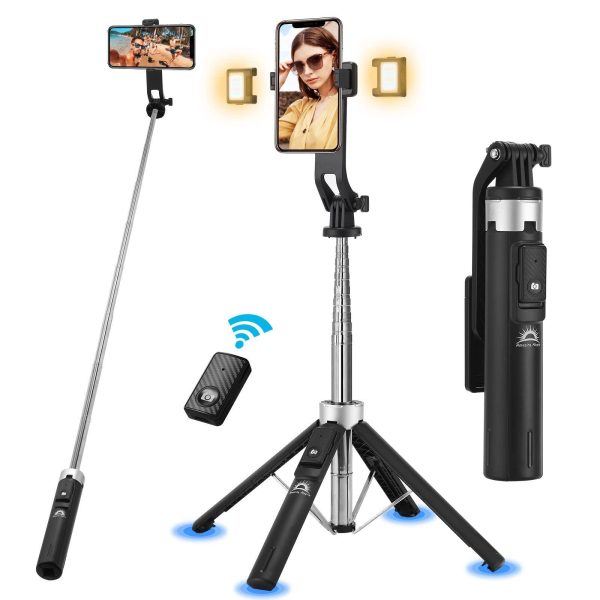 Selfie Stick Tripod with Remote and 2 Fill Light    Phone Tripod Compact 50'' Cell Phone Stand New Travel Wireless Bluetooth Selfie Stick Compatible with iPhone & Smartphones (Black)