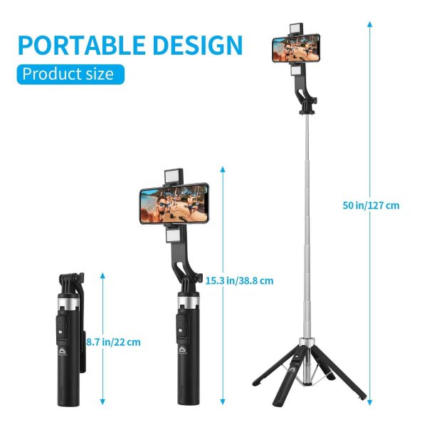 Selfie Stick Tripod with Remote and 2 Fill Light    Phone Tripod Compact 50'' Cell Phone Stand New Travel Wireless Bluetooth Selfie Stick Compatible with iPhone & Smartphones (Black) - Image 4