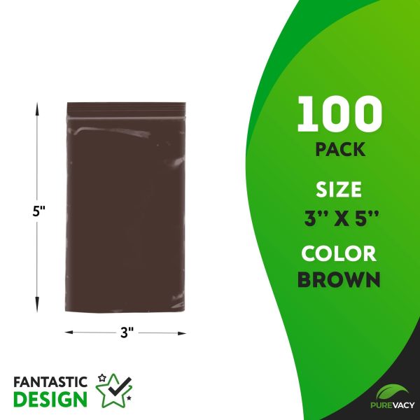 Amber Zip Bags 3 x 5 Brown Poly Zip Bags for Storage 100 Pack Polyethylene Plastic Bags Resealable 3 Mil Water Resistant Poly Zipper Bags Plastic Zipper Bags for Electronics - Image 2