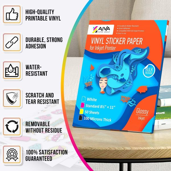 Printable Vinyl Sticker Paper  Waterproof Decal Paper for Inkjet Printer  50 SelfAdhesive Sheets  Glossy White  Standard Letter Size 8.5x11 - Image 2