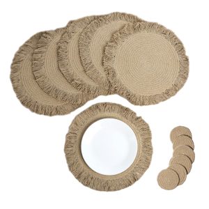 The Fine Living Co. Braided Cotton Placemats (Set of 6 15 Inches) with 6 Free Coasters Washable Anti Slip Heat Resistant Mats Boho Woven Round Table Mats for House Decor Kitchen and Dining