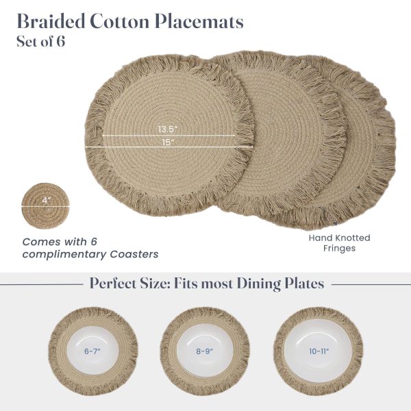 The Fine Living Co. Braided Cotton Placemats (Set of 6 15 Inches) with 6 Free Coasters Washable Anti Slip Heat Resistant Mats Boho Woven Round Table Mats for House Decor Kitchen and Dining - Image 2