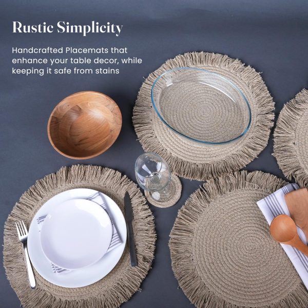 The Fine Living Co. Braided Cotton Placemats (Set of 6 15 Inches) with 6 Free Coasters Washable Anti Slip Heat Resistant Mats Boho Woven Round Table Mats for House Decor Kitchen and Dining - Image 3