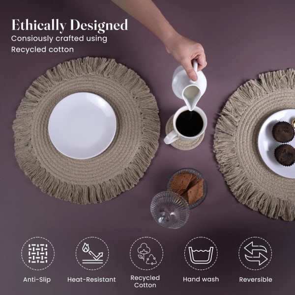 The Fine Living Co. Braided Cotton Placemats (Set of 6 15 Inches) with 6 Free Coasters Washable Anti Slip Heat Resistant Mats Boho Woven Round Table Mats for House Decor Kitchen and Dining - Image 4