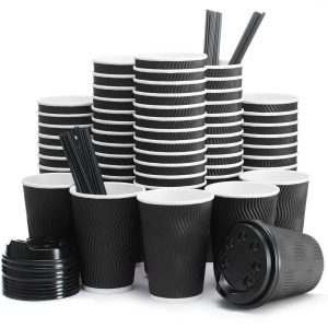 Insulated Disposable Coffee Cups with Lids & Straws 12 oz 100 Packs Paper Cups for Hot Beverage Drinks To Go Tea Coffee Home Office Car Coffee Shop Party (Black)