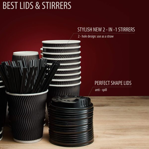 Insulated Disposable Coffee Cups with Lids & Straws 12 oz 100 Packs   Paper Cups for Hot Beverage Drinks To Go Tea Coffee Home Office Car Coffee Shop Party (Black) - Image 2