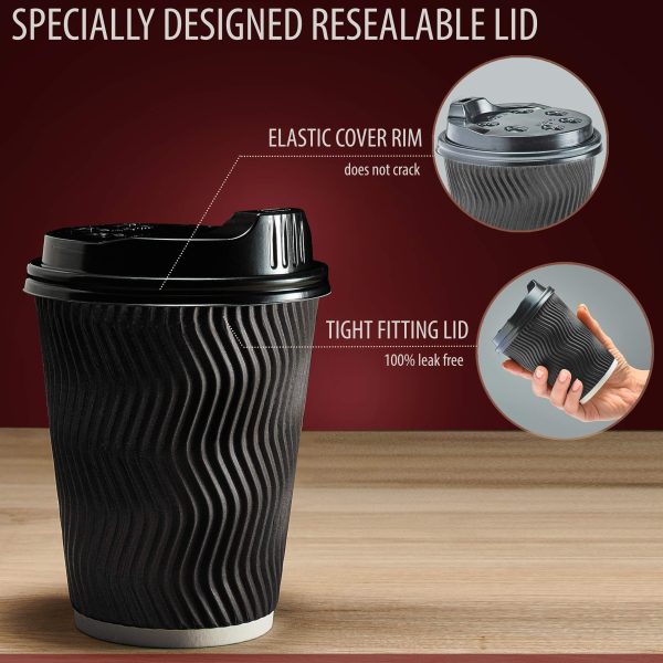 Insulated Disposable Coffee Cups with Lids & Straws 12 oz 100 Packs   Paper Cups for Hot Beverage Drinks To Go Tea Coffee Home Office Car Coffee Shop Party (Black) - Image 4