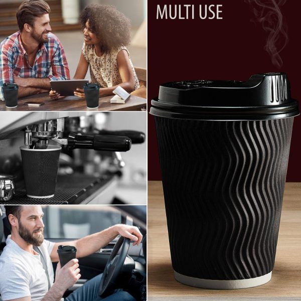 Insulated Disposable Coffee Cups with Lids & Straws 12 oz 100 Packs   Paper Cups for Hot Beverage Drinks To Go Tea Coffee Home Office Car Coffee Shop Party (Black) - Image 7