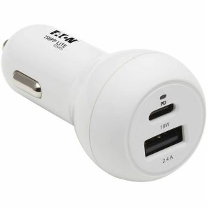 Eaton Tripp Lite Series Dual-Port USB Car Charger - 30W PD Charging, USB-C (18W) & USB-A (12W), USB-C to Lightning Cable, White