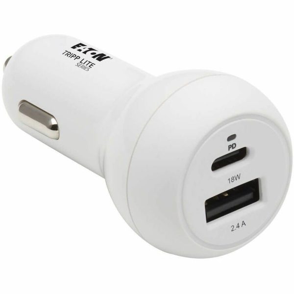 Eaton Tripp Lite Series Dual-Port USB Car Charger - 30W PD Charging, USB-C (18W) & USB-A (12W), USB-C to Lightning Cable, White