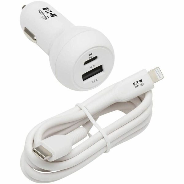 Eaton Tripp Lite Series Dual-Port USB Car Charger - 30W PD Charging, USB-C (18W) & USB-A (12W), USB-C to Lightning Cable, White - Image 7