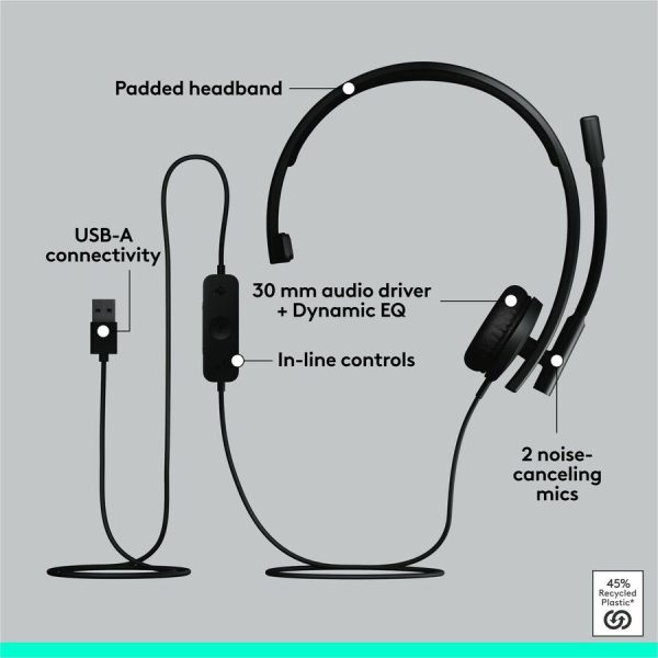 Logitech H570e USB Wired Mono Headset, USB-A, Noise-Canceling Mics, Inline Controls, Certified for Microsoft Teams, Black - Image 8