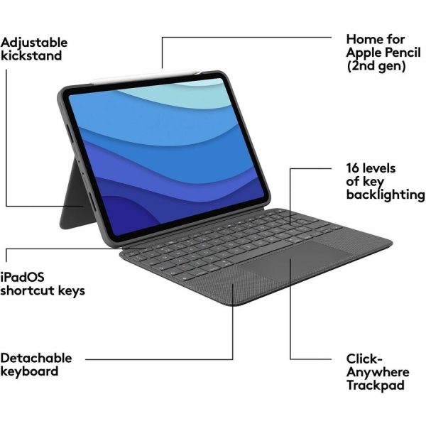 Logitech Combo Touch Keyboard/Cover Case for 11" Apple, Logitech iPad Pro, iPad Pro (2nd Generation), iPad Pro (3rd Generation) Tablet - Oxford Gray - Image 7